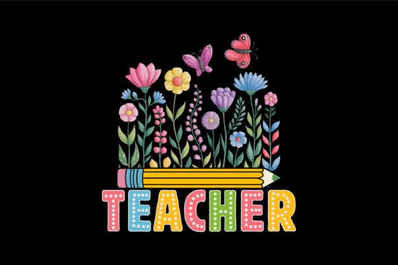 Colorful Teacher Floral Pencil Art Graphics for Print Templates