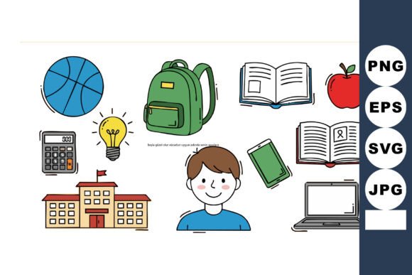 School Education Icons with Boy Backpack: Graphics for Illustrations