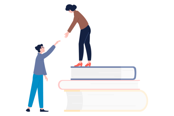 Teacher Helping Man Climb on Book Stack Graphics & Illustrations